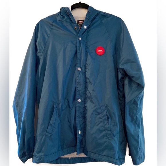 Obey Hooded Turquoise Nylon Jacket Mens Small - Picture 2 of 10